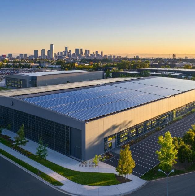 Aerial view of modern data center facility exterior, with solar panels on the roof and green space around it. The building is large in size, featuring sleek grey metal cladding and glass windows that showcase its interior tech equipment. In front of the structure stands an empty parking lot surrounded by trees, while the background shows other buildings and the city skyline under clear blue skies during golden hour. --ar 3:2 --quality 2 --v 6.1 Job ID: dcb08744-a35a-47be-bf95-20bc2b7a7922