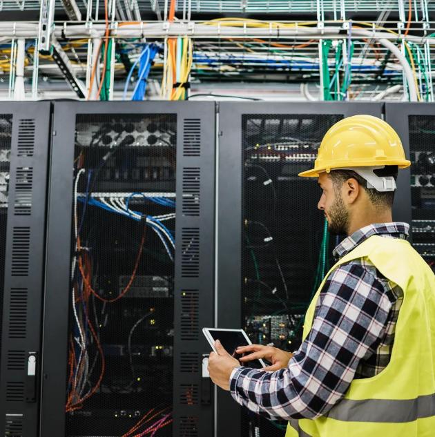 Young technician man working inside big data center room - Focus on face