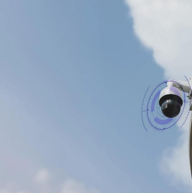 AI-powered outdoor dome security camera mounted on a building exterior, monitoring a commercial property with intelligent video analytics for real-time threat detection and surveillance efficiency
