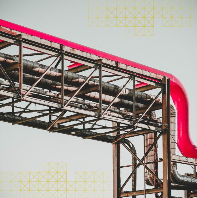 Metal utilities structure with graphic pattern overlay.