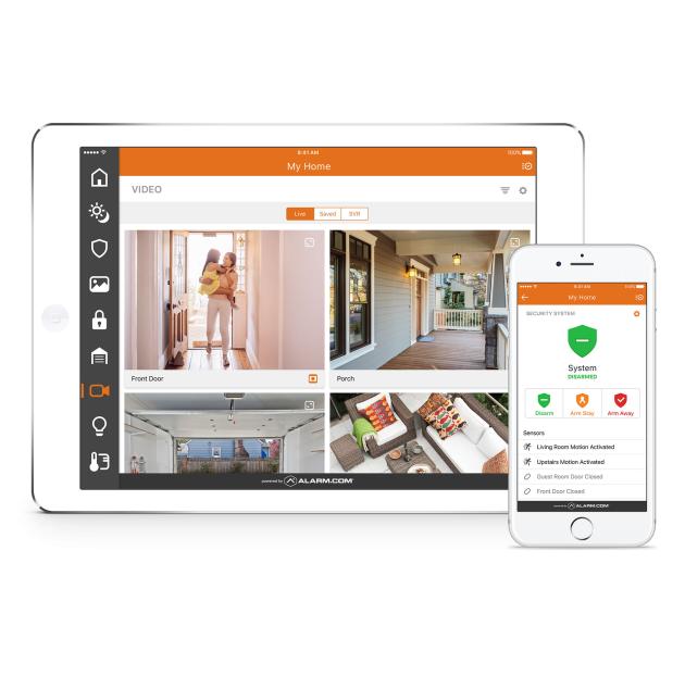 Home security feeds displayed on device screens.