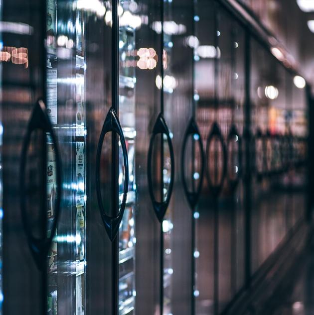 Row of commercial-grade freezers in grocery store.