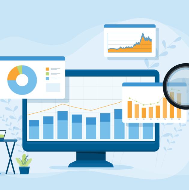 Illustration of people looking at data graphs on large monitor.