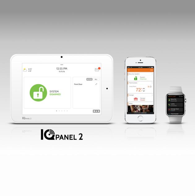Laptop, smart phone, and smart watch displaying smart home information.