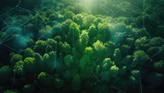 Aerial view of green forest in summer at dawn with glowing technological communication lines, created with Generative AI.