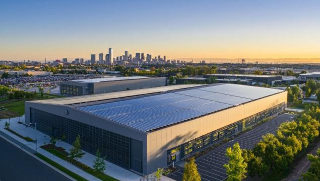 Aerial view of modern data center facility exterior, with solar panels on the roof and green space around it. The building is large in size, featuring sleek grey metal cladding and glass windows that showcase its interior tech equipment. In front of the structure stands an empty parking lot surrounded by trees, while the background shows other buildings and the city skyline under clear blue skies during golden hour. --ar 3:2 --quality 2 --v 6.1 Job ID: dcb08744-a35a-47be-bf95-20bc2b7a7922