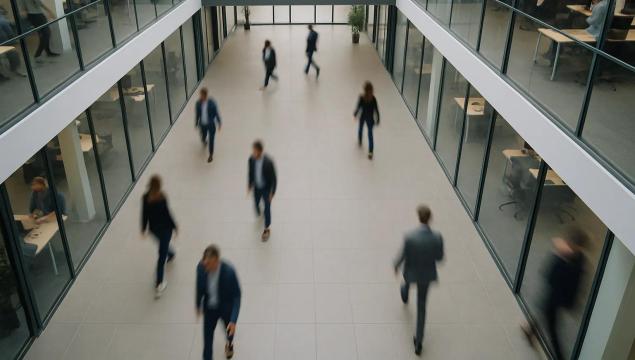 Människor som rör sig inne i en kontorsbyggnad