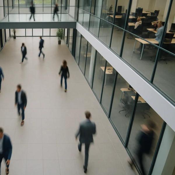 Människor som rör sig inne i en kontorsbyggnad