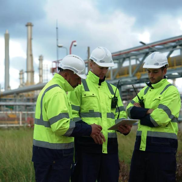 Tre arbetare i skyddsutrustning står framför ett olje- och gasraffinaderi, vilket symboliserar säkerheten för kritisk infrastruktur och skyddet av arbetskraften inom energibranschen.