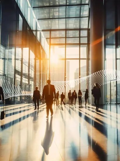 office workers walking through building with commercial security systems 