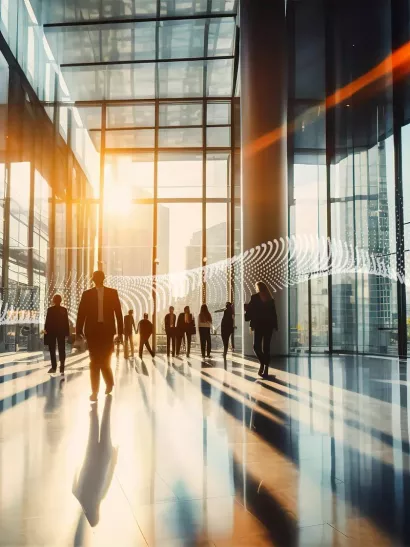office workers walking through building with commercial security systems