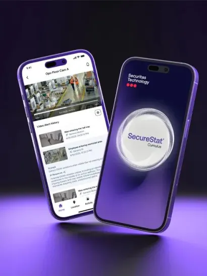 Smartphone screen showing the SecureStat Cumulus AI Cloud Video Surveillance platform used to monitor live camera footage