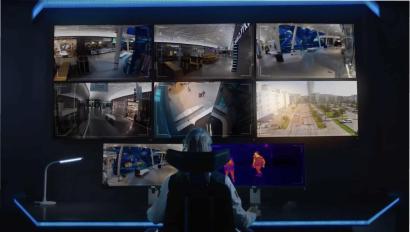 Image of a control center with agents using advanced video surveillance and audio technology
