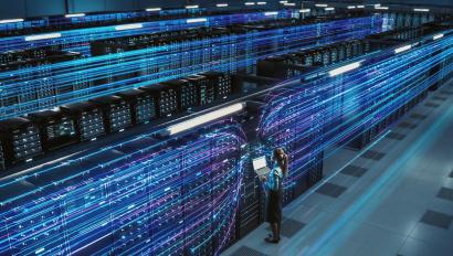 Modern data center with rows of servers supporting cloud security services and secure data storage infrastructure.