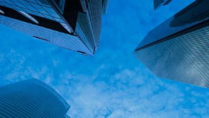 View of sky between skyscraper buildings