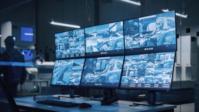 Security Control Room with Multipoke Computer Screens Showing Surveillance Camera Footage Feed